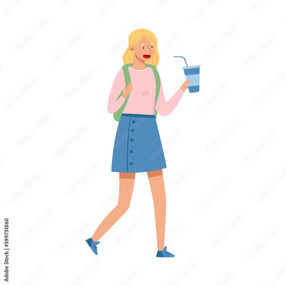 Young Girl Teenager in Casual Denim Blue Skirt and with Backpack Walking and Drinking Soda Vector Illustration Young Girl Teenager in Casual Denim Blue Skirt and with Backpack Walking and Drinking Soda Vector Illustration