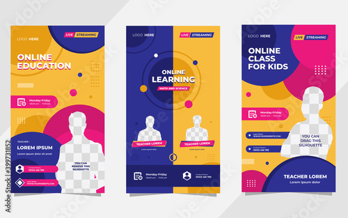 Collection of social media stories post template for Online Education, Online class program, Courses and other E-Learning. with Memphis style and Purple, Pink, Orange color background
