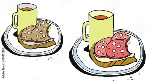 Breakfast is tasty and not tasty. A mug of coffee and nibbled sausage sandwiches. Humor. Vector illustration.