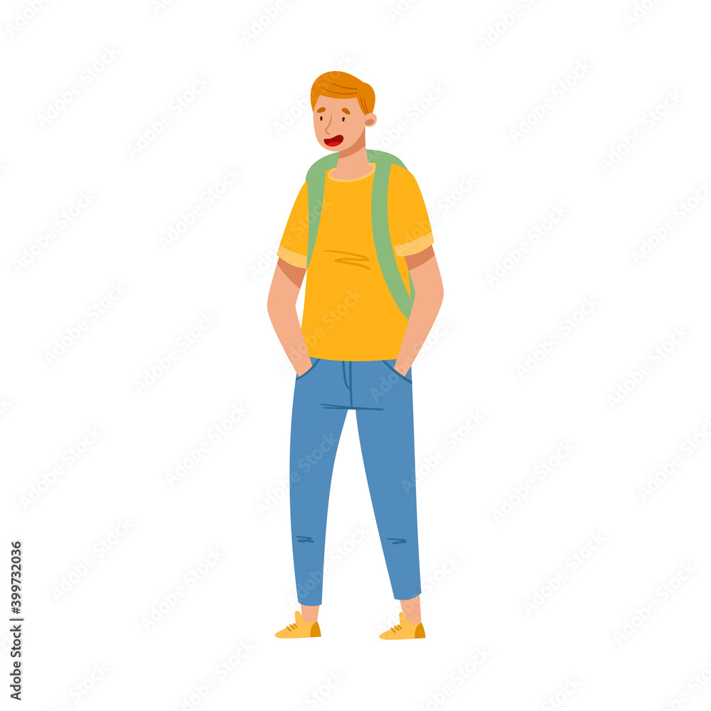 Smiling Boy Teenager Standing in Casual Wear and with Backpack Vector Illustration Smiling Boy Teenager Standing in Casual Wear and with Backpack Vector Illustration