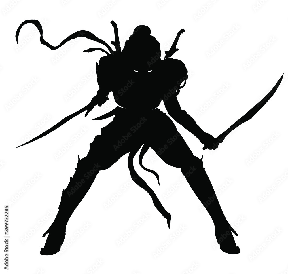 The black silhouette of a female assassin with two twin sabers in her hands  and two