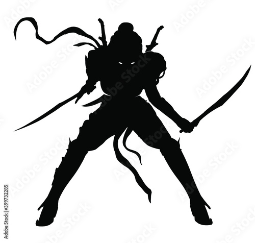The black silhouette of a female assassin with two twin sabers in her hands and two more on her back, she stands bent over ready to attack, her eyes glowing in the dark, her ribbons fluttering in the 
