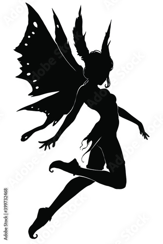 The black silhouette of a young fairy girl, gracefully flying through the air on her moth wings, waving her thin arms, on her feet boots with spirals at the end. 2d illustration.
