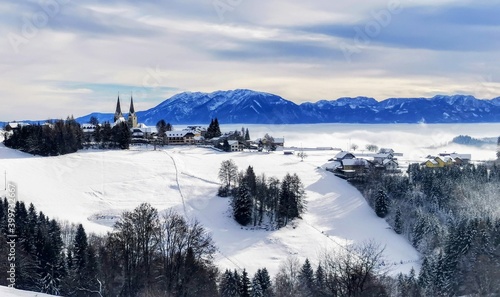 Mountain view over snow covered Austrian village (Diex) 