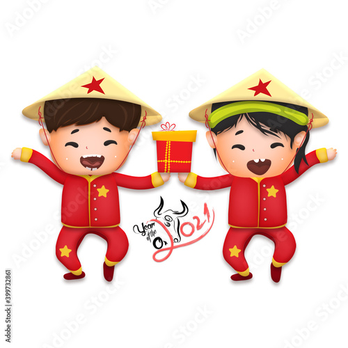 2021 Vietnamese New Year Tet illustration, buffalo, cute kids in traditional red shirt hold gift, yellow hat, Lunar New Year. Hand drawn concept card, poster, banner.