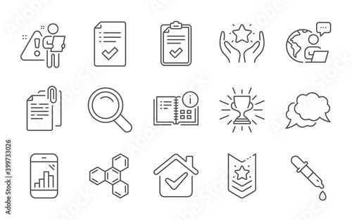 Shoulder strap, Checklist and Approved checklist line icons set. Graph phone, Chat message and Search signs. Chemistry pipette, Trophy and Instruction info symbols. Line icons set. Vector