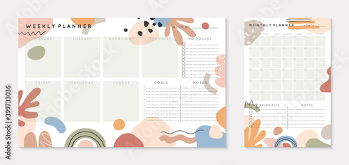Vector weekly and monthly planners templates with abstract shapes and doodles in neutral earthy tones.Organizer and schedule with place for notes; goals and to do list.Abstract modern design.
