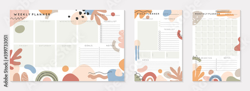 Vector daily,weekly,monthly planners templates with abstract organic shapes and doodles in neutral earthy tones.Organizer and schedule with place for notes; goals and to do list.Abstract modern design