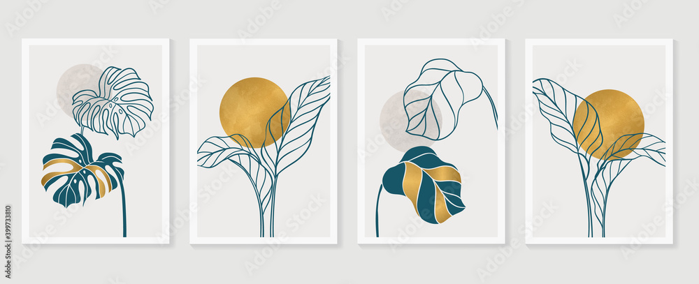 Botanical and gold abstract wall arts vector collection.  Golden and luxury pattern design with leaves line arts, Hand draw Organic shape design for wall framed prints, canvas prints, poster, home dec