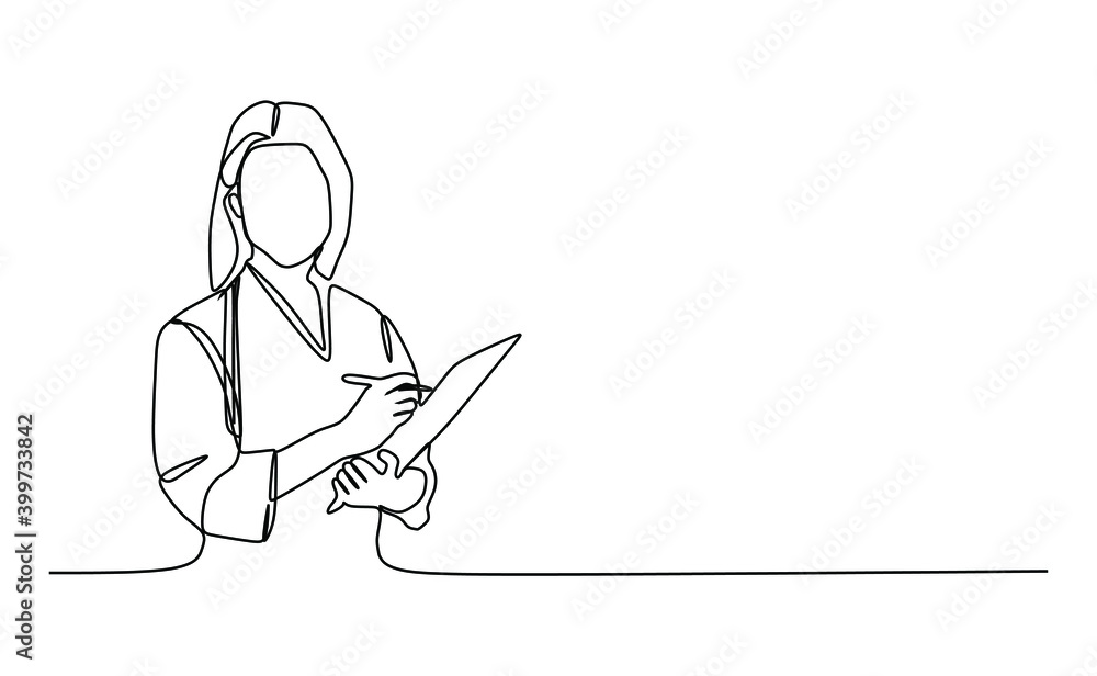 Young female medical staff taking a note. Continuous one line drawing Young female medical staff taking a note. Continuous one line drawing