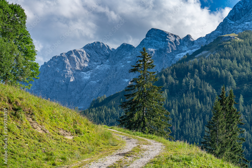Beautiful summer scenery of View at the Peek (Hoher Goll 2522m) from Rossfeld Panorama Road - Germany