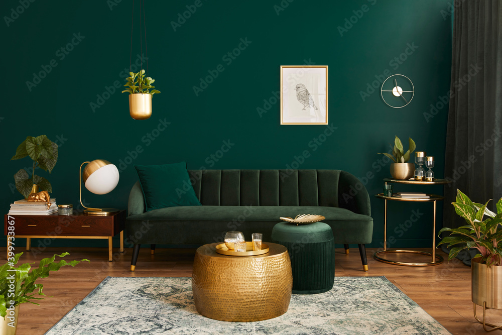 Luxury living room in house with modern interior design, green velvet sofa,  coffee table, pouf, gold decoration, plant, commode, carpet, mock up poster  frame and elegant accessories. Template. Stock-Foto | Adobe Stock