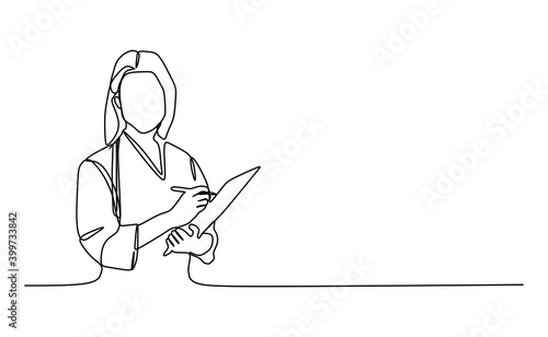 Young female medical staff taking a note. Continuous one line drawing