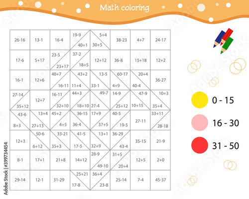  Mathematical coloring for school children. Addition and subtraction within 50.