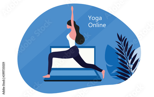 Yoga online class concept, woman doing yoga exercises at home with online class instructor vector illustration. Health lifestyle concept