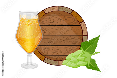 Glass of light beer, wooden barrel and hop isolated on white background.Logotype for Oktoberfest beer festival or brewery.Beer keg for label, beer ads, package, banner,logo, emblem.Vector illustration