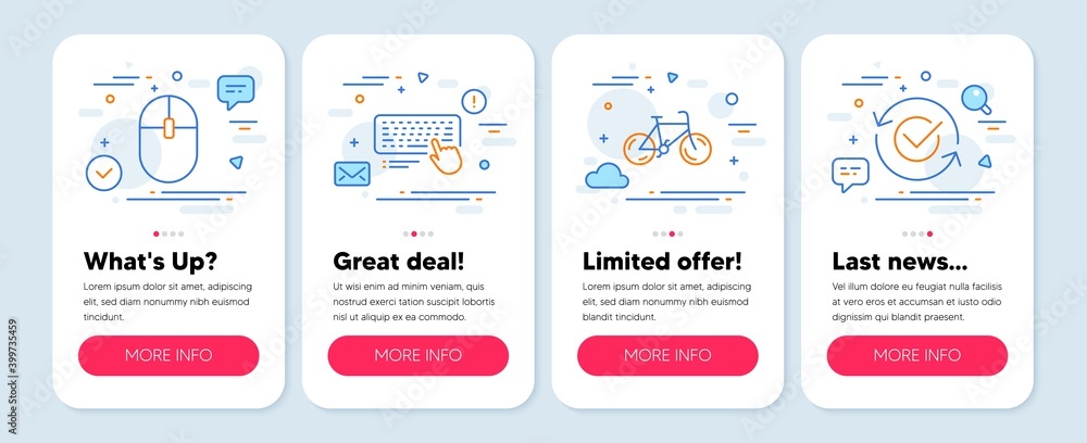 Set of Business icons, such as Computer keyboard, Computer mouse, Bicycle symbols. Mobile app mockup banners. Approved line icons. Pc device, Pc equipment, Bike. Refresh symbol. Vector