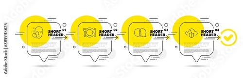 Face search, Restaurant food and Information line icons set. Timeline infograph speech bubble. Cloud protection sign. Find user, Cutlery, Info center. Storage security. Business set. Vector