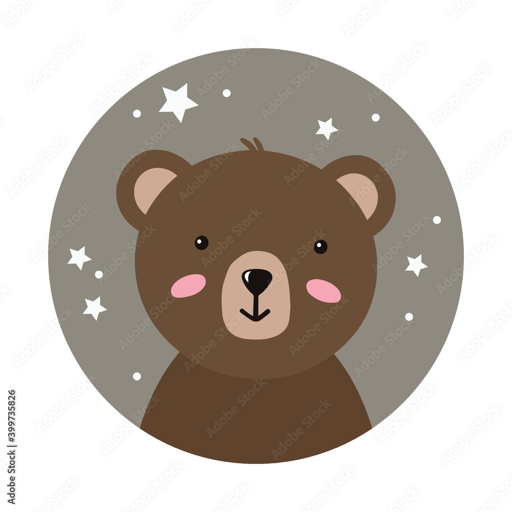 Cute brown bear - round sticker. Children illustration for card, poster, sticker, icon, nursery art, t-shirt design, banner, baby shower. Soft colors and flat style. Cartoon character illustration. Cute brown bear - round sticker. Children illustration for card, poster, sticker, icon, nursery art, t-shirt design, banner, baby shower. Soft colors and flat style. Cartoon character illustration.
