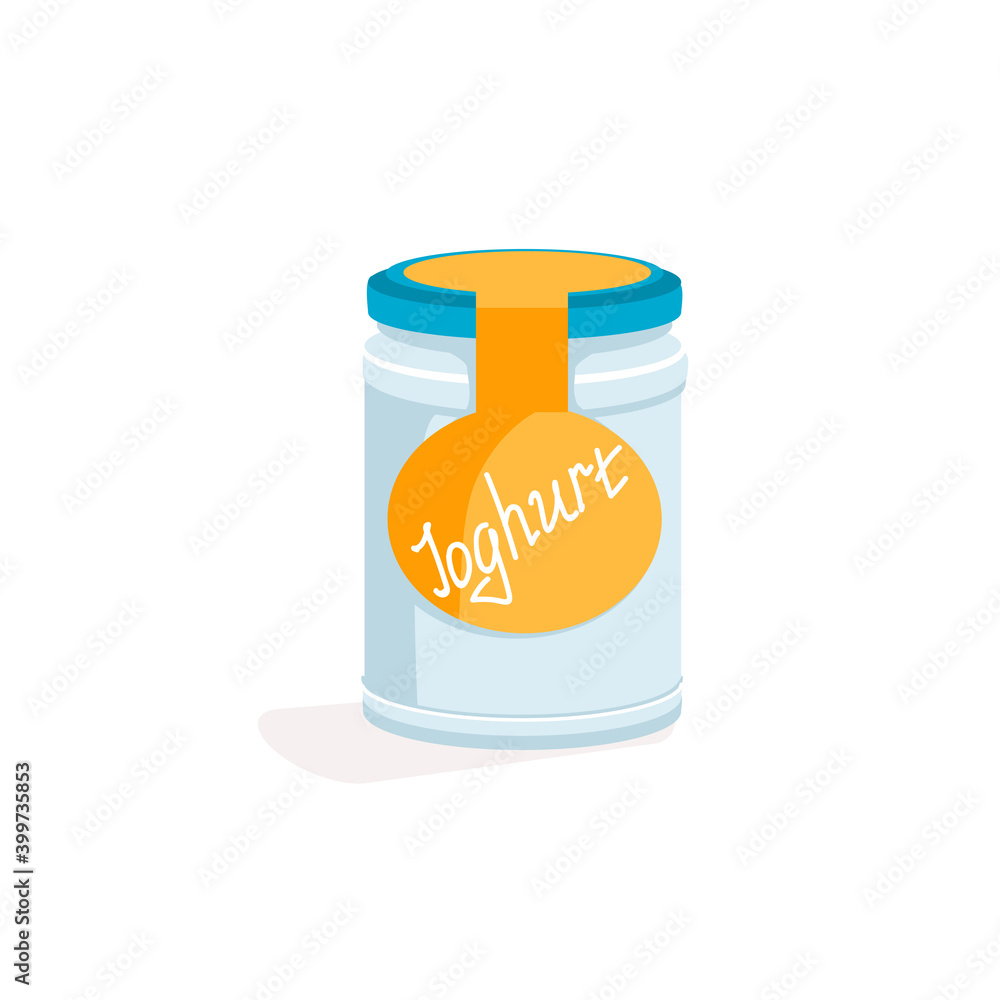 Glass jar of natural yogurt. Protein rich dairy product packaging with