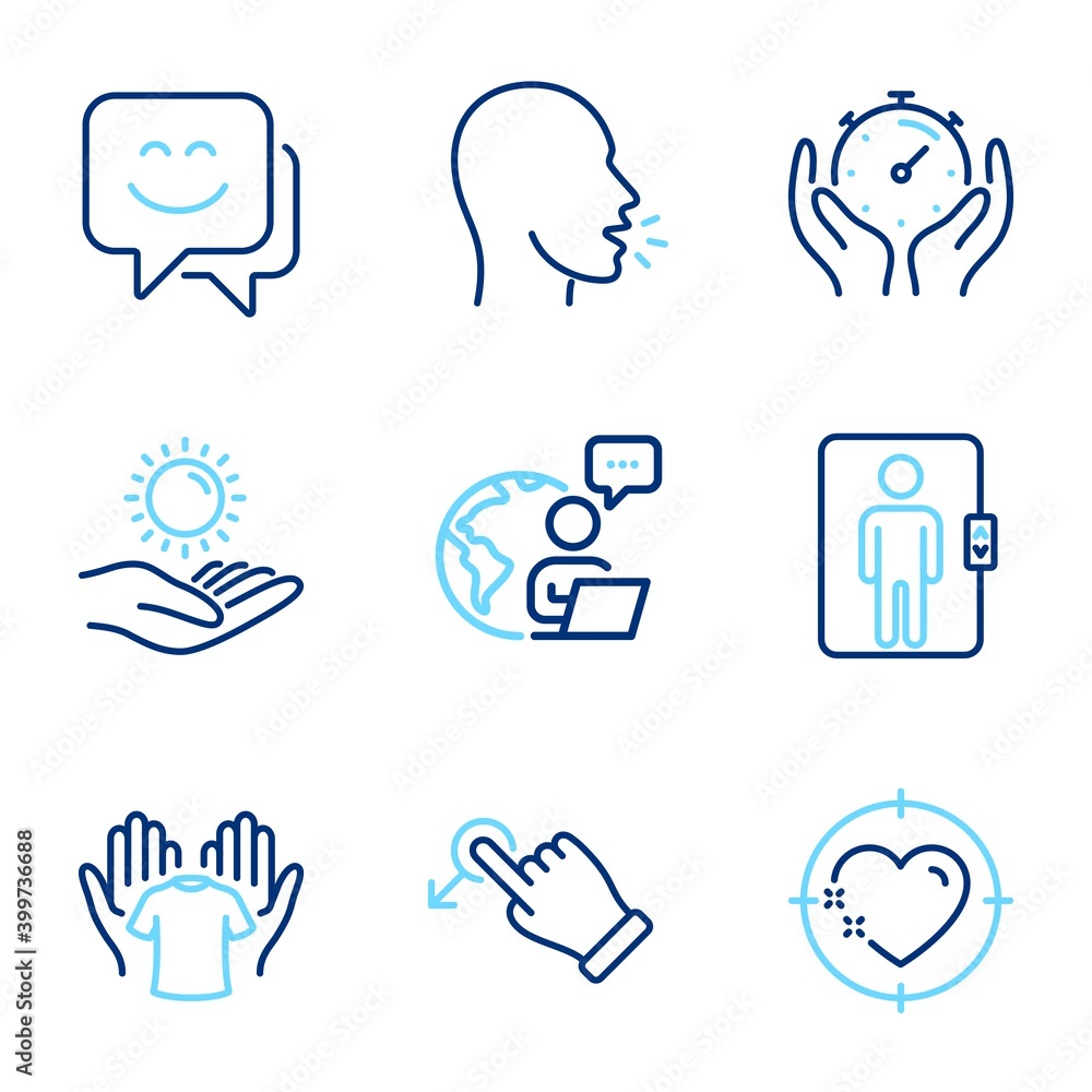 People icons set. Included icon as Drag drop, Sun protection, Elevator signs. Timer, Heart target, Smile face symbols. Hold t-shirt, Cough line icons. Move, Ultraviolet care. Line icons set. Vector