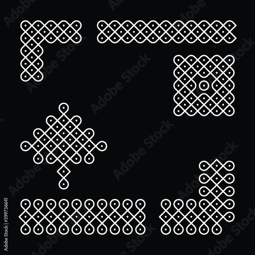Rangoli or muggu or kolam is an art form originating in the Indian subcontinent. Patterns are created on the floor or the ground using materials such as limestone powder, rice powder or flower petals.