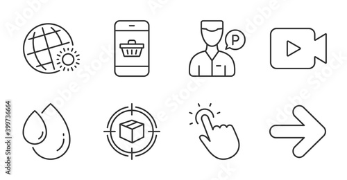 Valet servant, Next and Smartphone buying line icons set. Touchpoint, World weather and Video camera signs. Parcel tracking, Oil drop symbols. Parking man, Forward, Website shopping. Vector