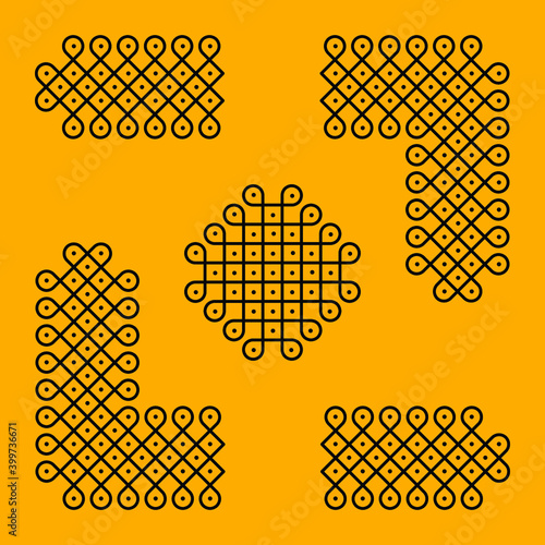 Rangoli or muggu or kolam is an art form originating in the Indian subcontinent. Patterns are created on the floor or the ground using materials such as limestone powder, rice powder or flower petals.