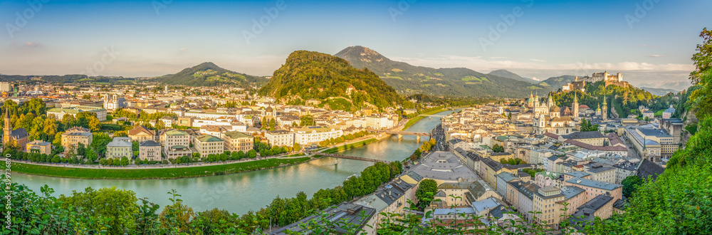 Aerial panorama of Salzburg at sunset. Austria