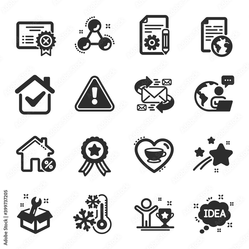 Set of Business icons, such as Freezing, Reject certificate, Documentation symbols. Loan house, Idea, Winner ribbon signs. Love coffee, Spanner, Winner cup. E-mail, Chemistry molecule. Vector