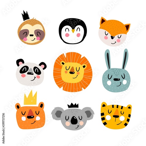 Cartoon set with cute animals. Hand drawing illustration. baby design for cards, print, poster