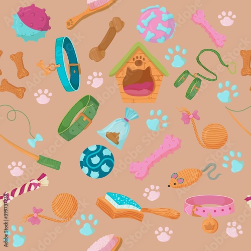 seamless pattern of items for animals. Accessories for pets. An element from a set of doodles drawn by hand. Isolated illustration on a white background.