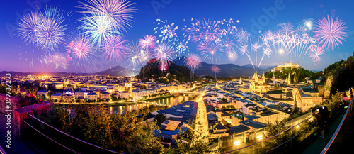 Fototapeta Naklejka Na Ścianę i Meble -  Fireworks display in Salzburg. Salzburger Land, Austria
