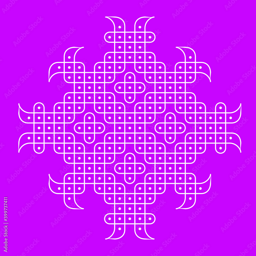 Obraz premium Rangoli or muggu or kolam is an art form originating in the Indian subcontinent. Patterns are created on the floor or the ground using materials such as limestone powder, rice powder or flower petals.