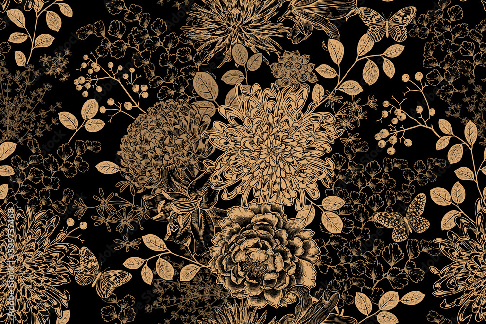 Fototapeta Vintage Seamless pattern. Flowers, berries and leaves. Gold foil on black background. Vector.