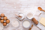 Assorted baking ingredients and kitchen utensils for cooking and baking