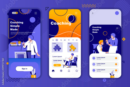 Coaching unique design kit for social networks stories. Business training, motivation and mentoring mobile screen templates for app. UI UX layouts vector illustration. GUI set with people characters.
