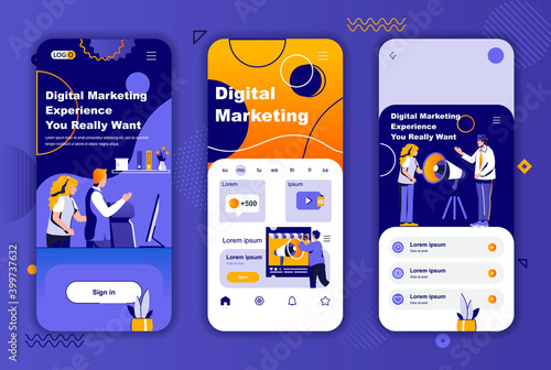 Digital marketing unique design kit for social networks stories. Marketing research, promotion and advertising mobile screens for app. UI UX layouts vector illustration. GUI set with people characters