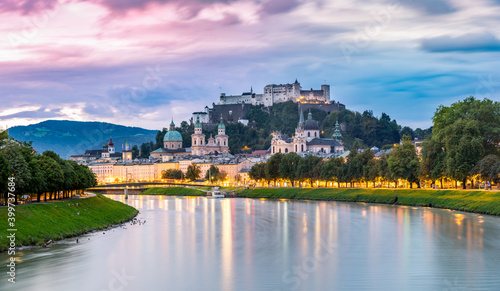 Sunrise view of Salzburg skyline with Festung Hohensalzburg fortress. Austria