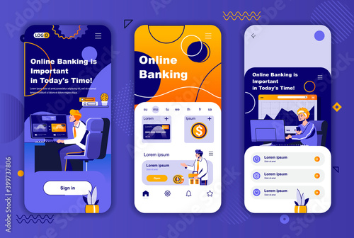 Online banking unique design kit for social networks stories. Online money transaction, manage and payment mobile screens for app. UI UX layouts vector illustration. GUI set with people characters.
