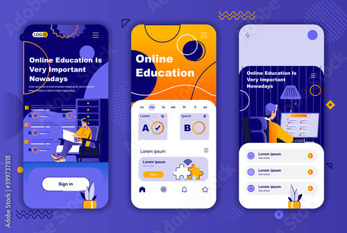 Online education unique design for social networks stories. Distance learning, educational webinar mobile screen templates for app. UI UX layouts vector illustration. GUI set with people characters.