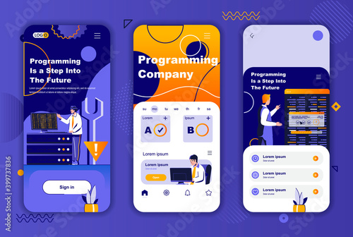 Programming company unique design kit for social networks stories. Software engineering and development mobile screens for app. UI UX layouts vector illustration. GUI set with people characters.