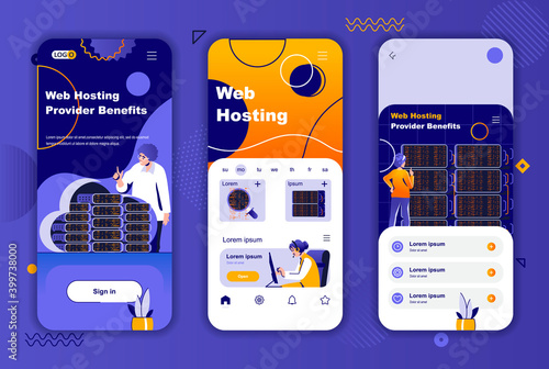 Web hosting provider unique design for social networks stories. Data center, cloud storage service mobile screen templates for app. UI UX layouts vector illustration. GUI set with people characters.
