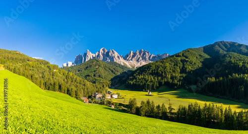 Scenic panorama of Santa Maddalena village and Geisler  Odle  Dolomites Mountain Peaks - Val Di Funes in South Tyrol  Italy