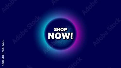 Shop now symbol. Abstract neon background with dotwork shape. Special offer sign. Retail Advertising. Offer neon banner. Shop now badge. Space background with abstract planet. Vector