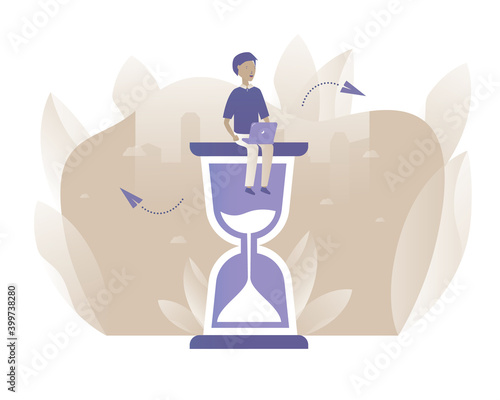Man sit with laptop on sandwatch. Vector illustration with Web communication idea for telework, remote working, social media, business 
