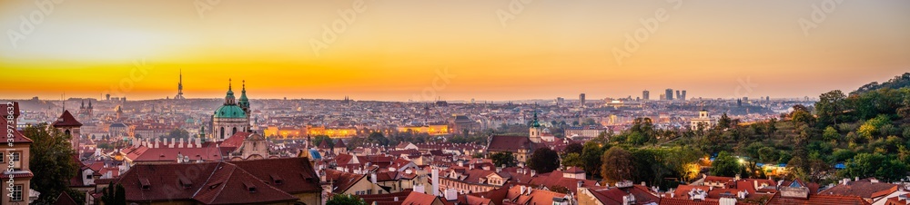 Panorama of Prague with sunrise sky, Czech Republic 