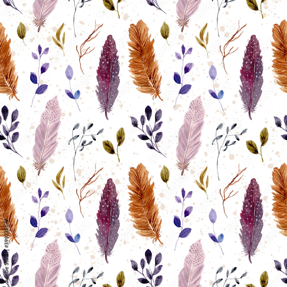 feather and leaves watercolor seamless pattern
