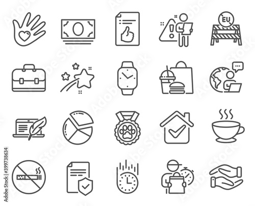 Business icons set. Included icon as Smartwatch, Fast delivery, Dog competition signs. Coffee cup, Social responsibility, Portfolio symbols. Cash money, Insurance policy, Eu close borders. Vector