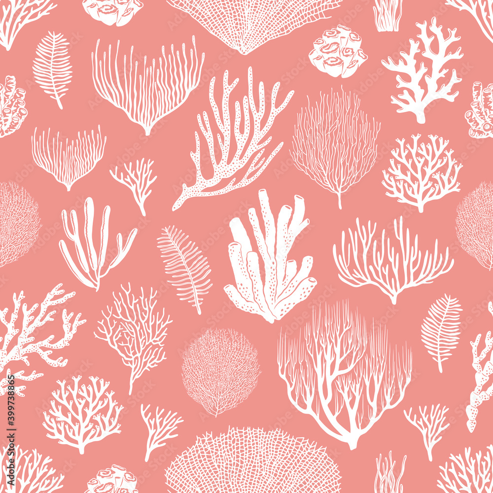 Corals and algae vector seamless pattern on pink background. Sea coral reef polyps and seaweeds, tropical ocean underwater wildlife and marine flora backdrop of textile or wallpaper design